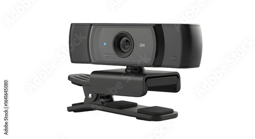 Modern black webcam with a clip for mounting, isolated on transparent background