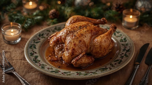Crispy roasted fowl on a ch...
