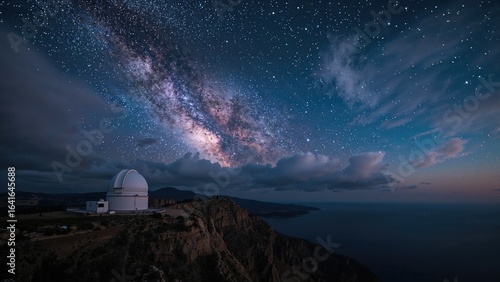 Galactic core over a coastal observatory at night
