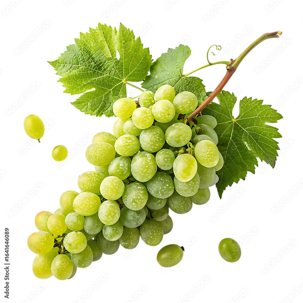 Fototapeta premium Fresh green grapes with leaves isolated on transparent background