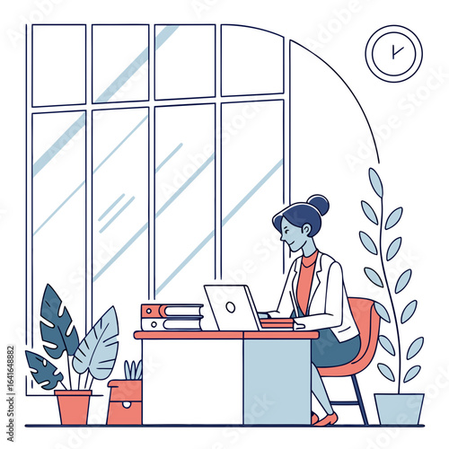 A focused businesswoman works diligently on her laptop at a desk by a large window with plants