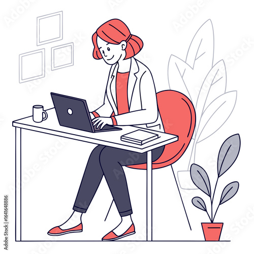 A focused woman in a white blazer works diligently on her laptop at a modern desk with plants and framed art