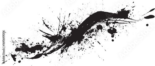 Grainy black thick swirled brush stroke with spray texture. Abstract vector stipple background with curly brush stroke.