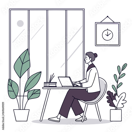 A woman works on her laptop at a desk in a bright room with large windows and plants