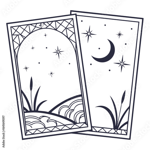 Artistic depiction of a mystical night sky with a crescent moon and stars over a serene landscape