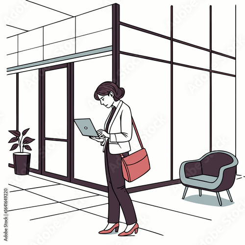 Businesswoman in a modern office lobby using her laptop while waiting for a meeting