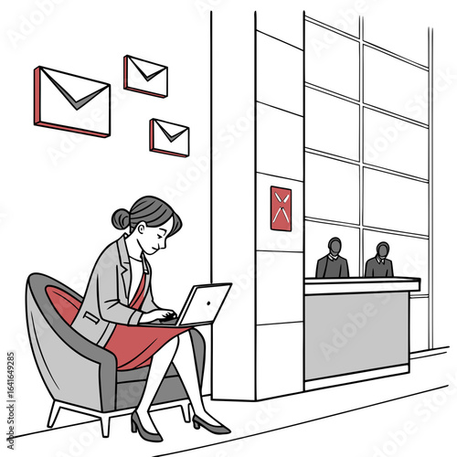 Businesswoman working on laptop in modern office lobby with reception desk and mail icons