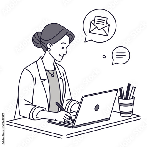 Businesswoman working on laptop and receiving email notification with speech bubble and pen in hand