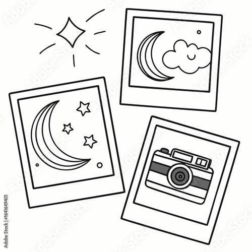 Collection of doodle style instant photos featuring a crescent moon stars a smiling cloud and a vintage camera
