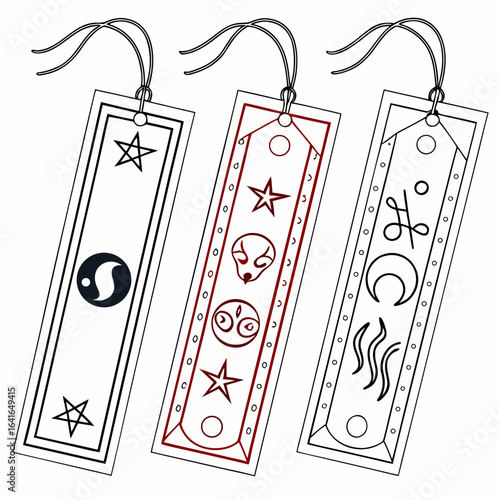 Collection of three stylized bookmarks featuring occult and mystical symbols in a clean line art design