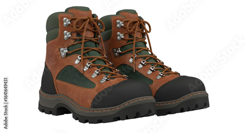 A pair of brown and green leather hiking boots with black soles and laces, isolated on a transparent background