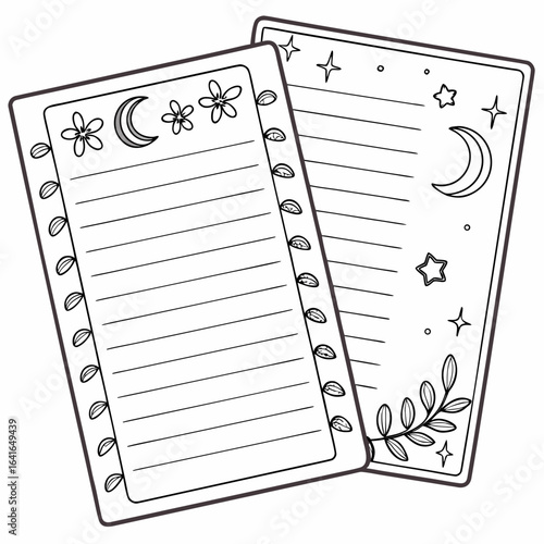 Cute hand drawn celestial moon stars and flowers lined paper notebook pages for journaling and writing