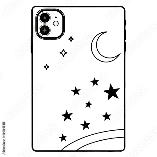Minimalist black and white celestial design featuring a crescent moon and scattered stars on a phone case