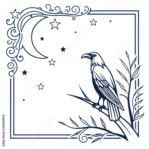 Mysterious raven perched on a branch under a crescent moon and stars in a decorative frame