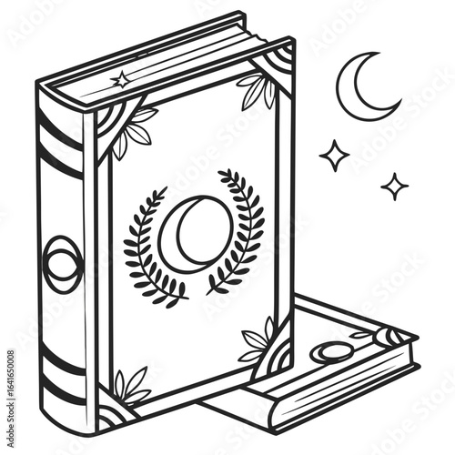 Mystical grimoire open to celestial symbols with crescent moon and stars illustration