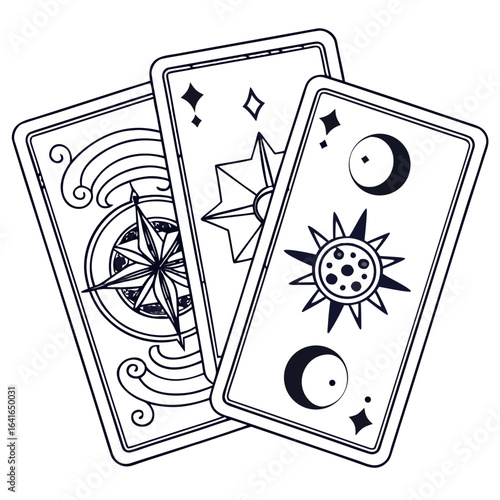 Mystical tarot cards with celestial sun moon and compass designs on a dark background