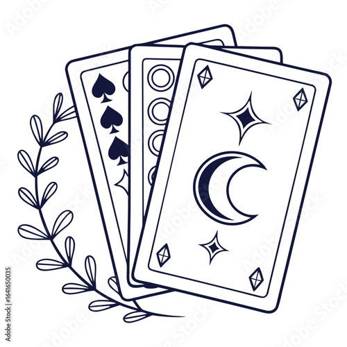 Mystical tarot cards with celestial moon and stars design alongside a delicate laurel branch