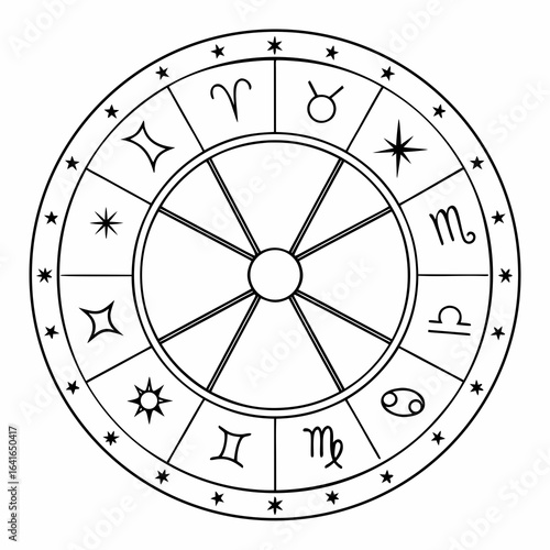 Stylized black and white illustration of a zodiac wheel with astrological symbols and stars