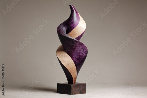 Elegant swirling wood sculpture with purple accents