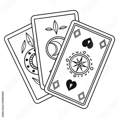 Three stylized playing cards with mystical symbols and compass rose design in black and white outline