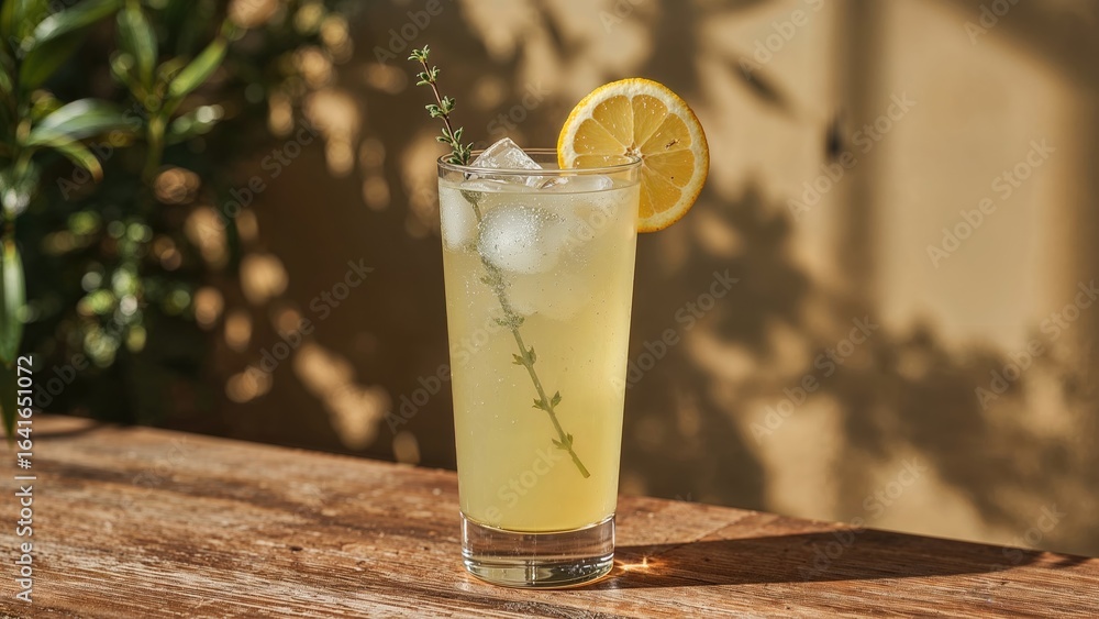 Fototapeta premium A vibrant yellow mocktail infused with thyme and lemon flavors