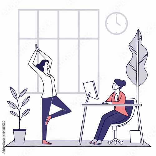Woman practicing yoga in tree pose while colleague works at desk in modern office