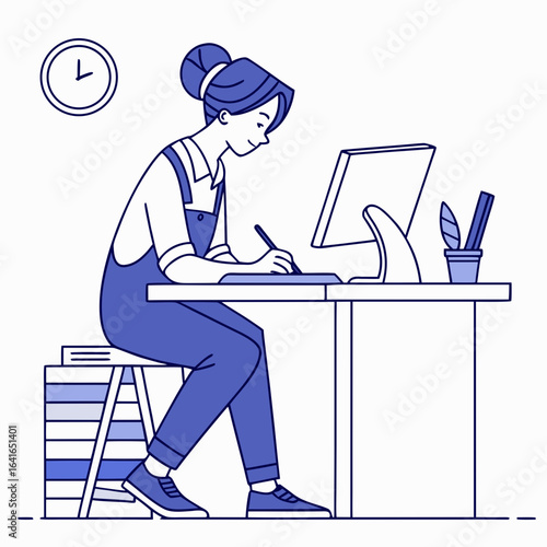 Young woman artist working diligently on a computer with a drawing tablet at her desk