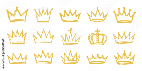 Collection of hand-drawn golden crowns in a sketchy graffiti style. A set of royal and majestic doodle symbols for king or queen.