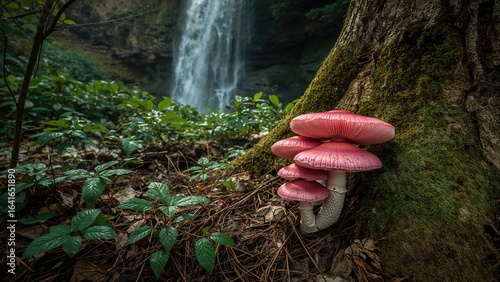 Colorful pink fungi growing...