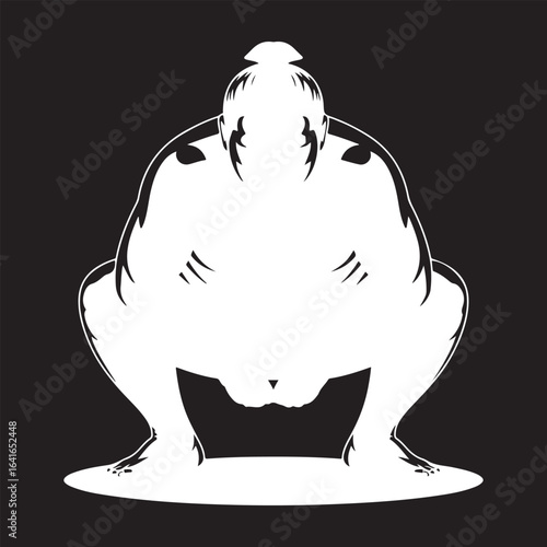 Black Silhouette of Sumo Wrestler Crouched for Match Isolated on White Background