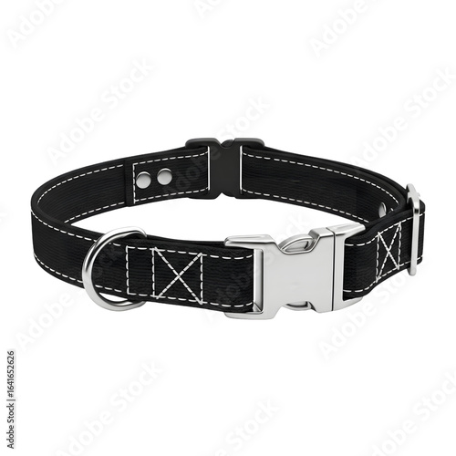 Black fabric dog collar with metal buckle and ring, isolated on transparent background