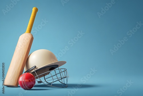 Vector of cricket bat, helmet, and ball, placed at the lower corner with an empty sky-blue background for copy space. 