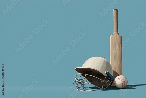 Vector of cricket bat, helmet, and ball, placed at the lower corner with an empty sky-blue background for copy space. 