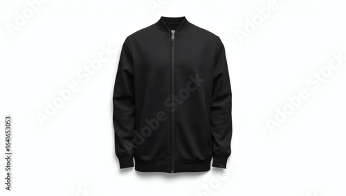 Plain black bomber jacket with a front zipper, isolated on a white background. Unisex apparel mockup for design presentation.