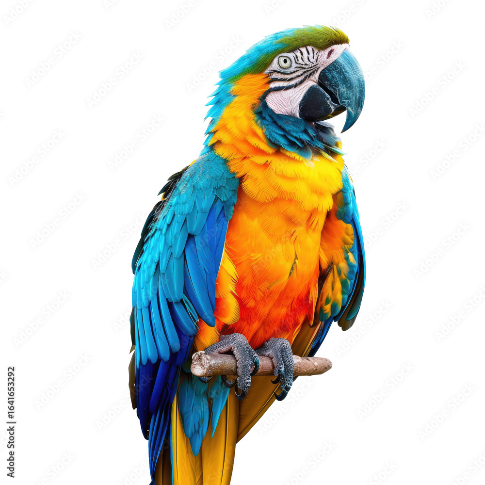Fototapeta premium Blue-Gold Macaw Perched on Branch, Jungle Background, Wildlife Photography, Educational Use