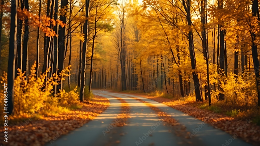 Fototapeta premium Golden autumn path through a serene Swedish forest with scattered leaves.