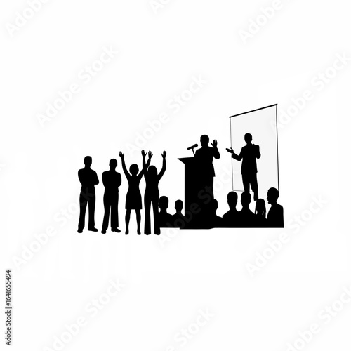 Silhouette of a speaker addressing an applauding audience isolated on white background