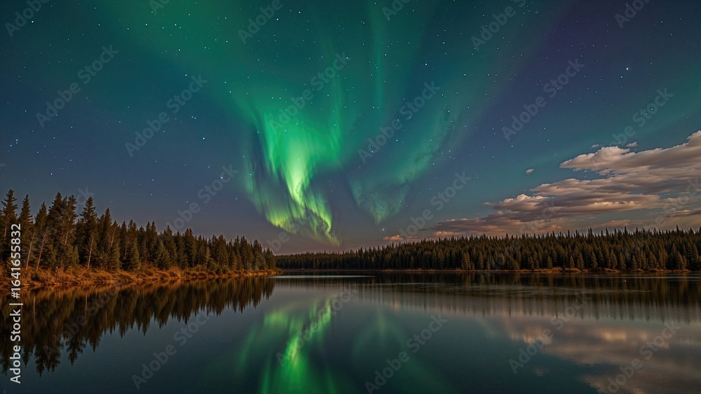 Obraz premium Summer night sky illuminated by the Northern Lights in a scenic northern locale