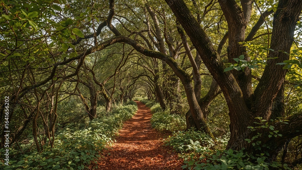 Fototapeta premium A tranquil trail surrounded by thick woods and vibrant greenery