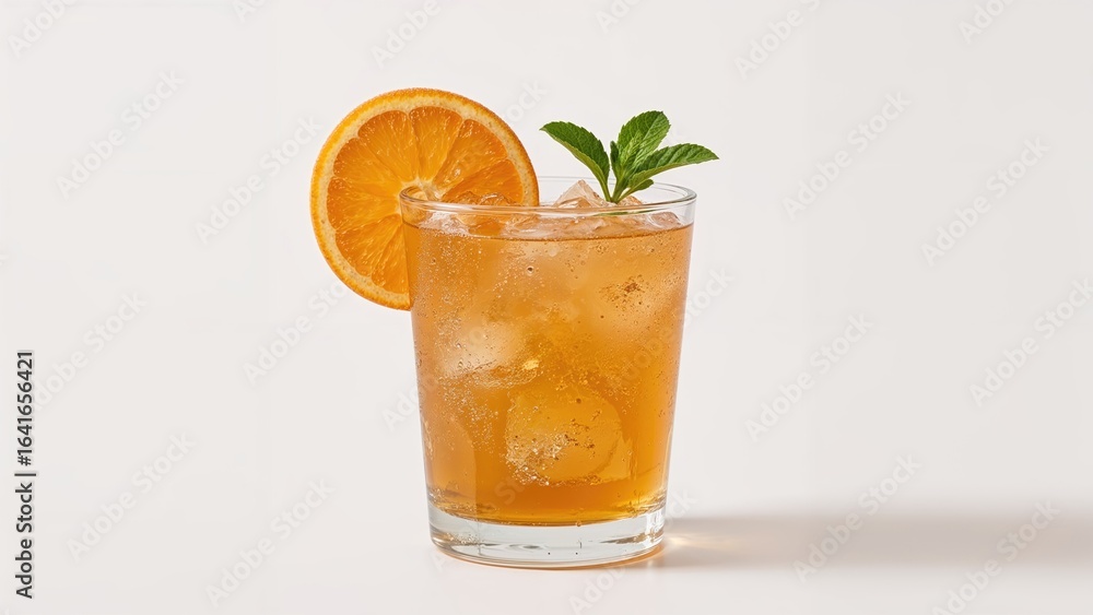 Fototapeta premium Refreshing orange-flavored iced tea on a white base