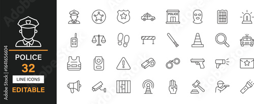 Police 32 editable line icons set. police, badge, siren, officer, shield, handcuffs, gun, car, vehicle, radio, justice, investigation and solid icons.
