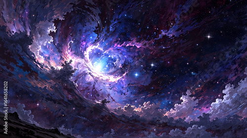 In the depths of the cosmos, a mesmerizing nebula swirls, colors blending in a cosmic dance of purples and blues. Generative AI