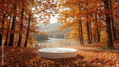 Fototapeta Naklejka Na Ścianę i Meble -  3D rendered product display platform featuring a fall maple tree forest background.