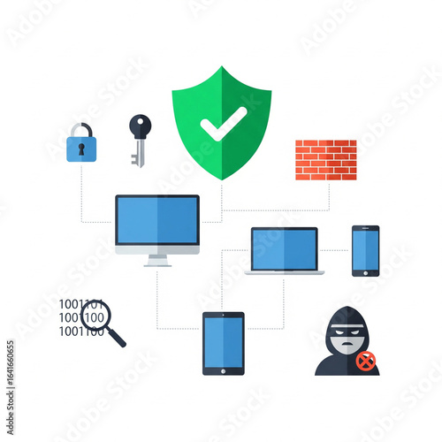  Illustration vectorielle plate d'un système de cybersécurité avec un bouclier, un réseau et des appareils numériques, isolé sur un fond blanc.