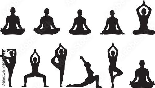 Collection of Black Silhouettes of People Performing Various Yoga Poses