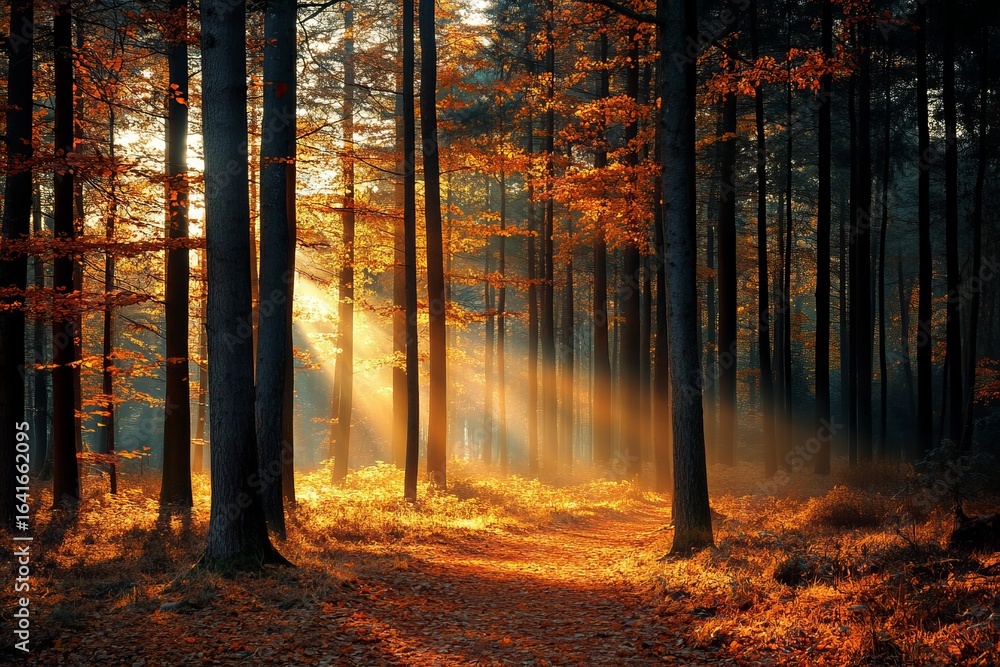 Fototapeta premium Autumn forest with golden sunlight streaming through trees