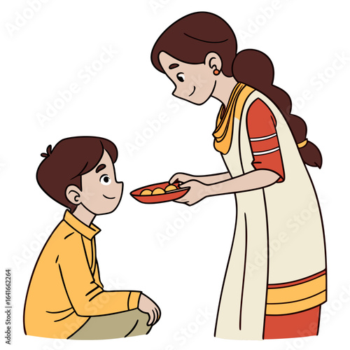 A caring sister offers sweets to her younger brother celebrating a special occasion or festival together
