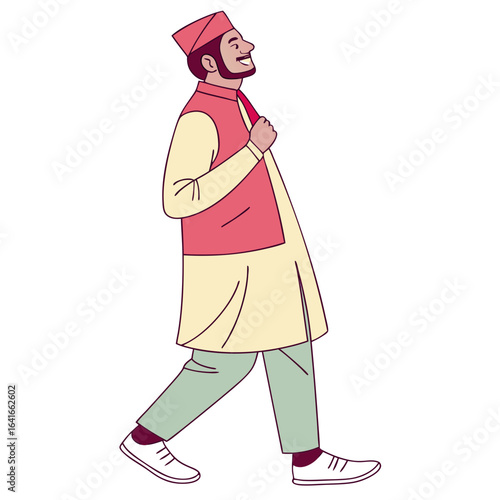 A smiling man in traditional indian attire walks confidently adjusting his collar with a proud expression
