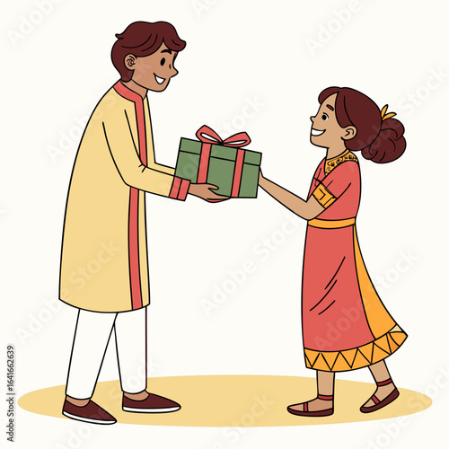 A smiling young man in traditional indian attire gives a gift to a happy young girl