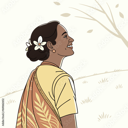 A smiling woman with dark hair adorned with a white flower wearing traditional clothing and looking upwards in a serene outdoor setting